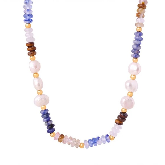 18K Gold Plated Gemstone Necklace*Lapis Lazuli*Freshwater Pearls*Tourmaline* - Picture 8 of 8